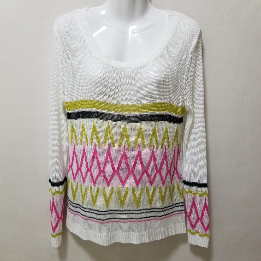 Cecico Womens Sweater Knit Neon Geometric White Sz S Scoop Striped Colorful